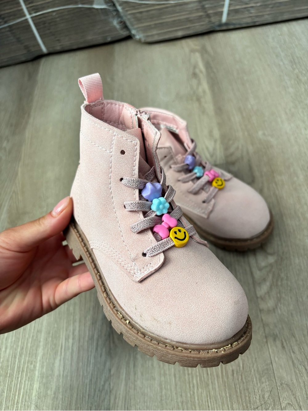 Carter's Light Pink Kids Lace-Up Boots with Smiley & Flower Beads